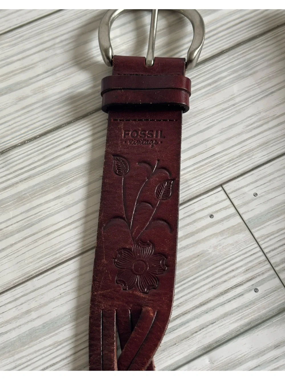 Fossil Leather Tooled Brown Women's Belt with Silver Buckle